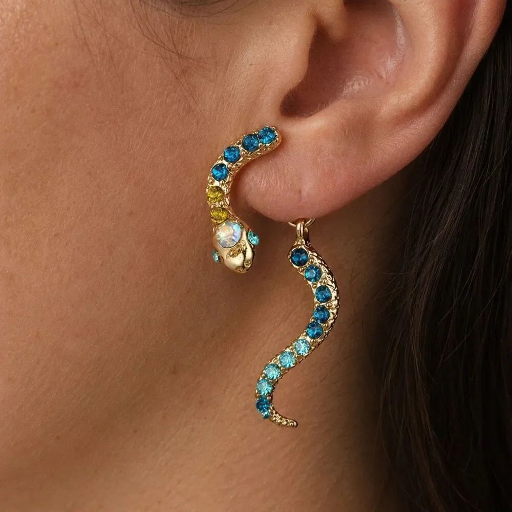 Pavé Crystal Cobra Snake Front Back Earrings with Dangling Tail Gold Tone